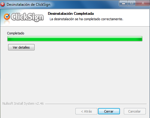 Final del proceso de desinstalación del software de firma electrónica