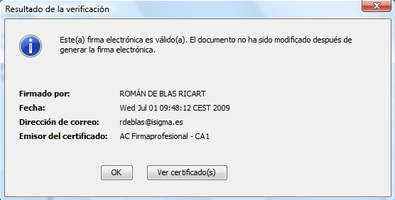 Resultado de la verificación de firmas electrónicas